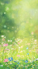 Fototapeta premium Blooming Meadow: Capturing the vibrant beauty of a sun-kissed meadow, a painterly depiction of wildflowers in a lush field of green, with a touch of sunlight to enhance the dreamy scene