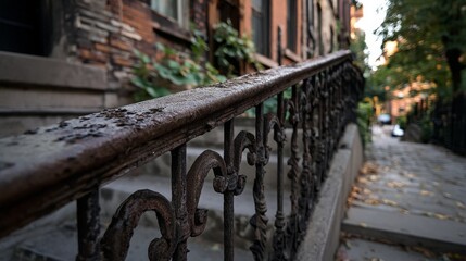 A weathered, ornate metal railing lines a rustic stone staircase, leading through a lush, historical neighborhood setting.
