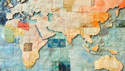Abstract world map artwork on textured surface with diverse colors and artistic details