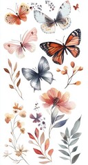Naklejka premium Watercolor Butterflies and Flowers - Delicate Botanical Illustration