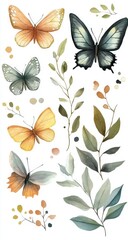 Fototapeta premium Delicate Watercolor Butterflies and Leaves - A Nature Inspired Design