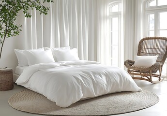 White Linen Bedding Bedroom with Natural Light and Wicker Chair