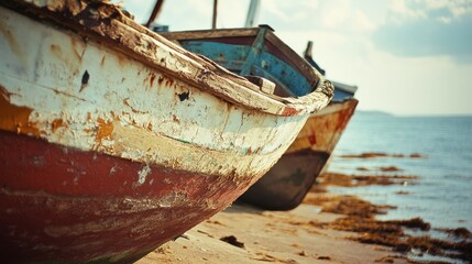 Obraz premium Delicately rusted boats on a quiet beach, against a backdrop of gentle waves and a serene ocean horizon.