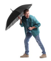 Man with black umbrella on white background