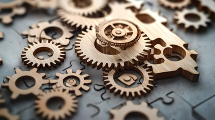 Abstract arrangement of wooden gears on a gray surface