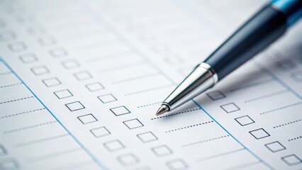 financial planning expenses protection concept. Close-up of a pen resting on a checklist with empty boxes.