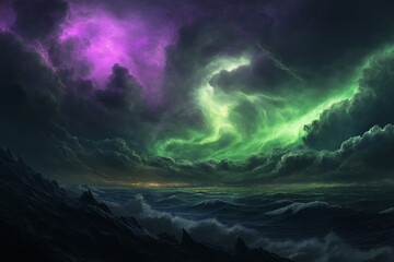 Fototapeta premium Vibrant Green and Purple Aurora Dramatic Skies