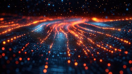 Fototapeta premium Abstract digital network flow, glowing particles, dark background. Possible use technology, futuristic