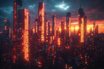 Fototapeta premium Futuristic city skyline at sunset with illuminated skyscrapers