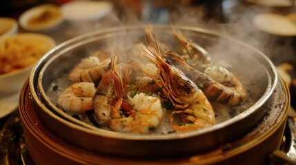 Steamed shellfish and prawns served in a bamboo basket, with fragrant herbs and spices filling the air.