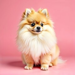 A fluffy Pomeranian dog with brown and white fur, small erect ears, and a pointed snout, set against a vibrant pink background
