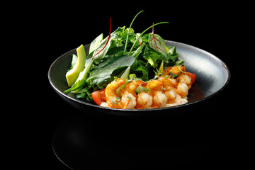 A fresh shrimp salad with crisp vegetables and light dressing, elegantly plated in a restaurant-style presentation. Captured under studio lighting
