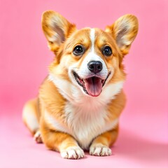 A corgi dog with white fur, sitting and smiling with its tongue out, in a pink background