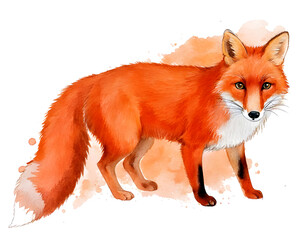 Obraz premium Watercolor red fox standing alertly, gazing forward against pristine white background