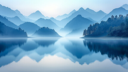 The Scenery of Distant Mountains and Lakes in Spring