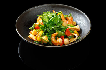 A fresh shrimp salad with crisp vegetables and light dressing, elegantly plated in a restaurant-style presentation. Captured under studio lighting