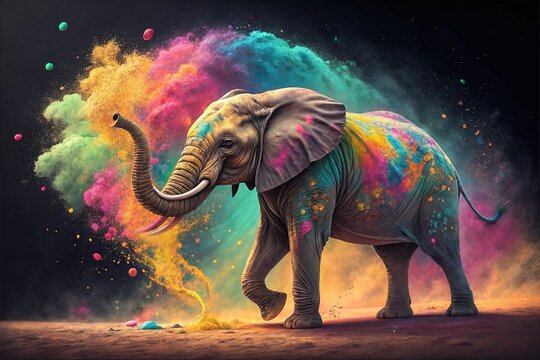An elephant spreads Holi colors with its trunk.  Elephant Happy Holi colorful background. Festival of colors, colorful rainbow holi paint color powder explosion isolated black wide panorama ...