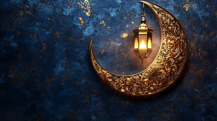 Golden Crescent Moon and Lantern Against a Starry Night Sky / 星空を背景にした金色の三日月とランタン