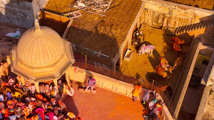 ariel view of people celebrating holi with colors , barsane holi