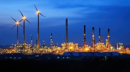 Obraz premium Wind turbines towering over an industrial factory, showing the balance between modern manufacturing and renewable energy sources.