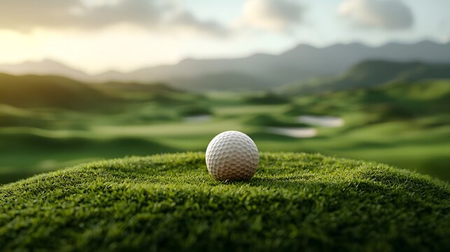Nostalgic image of a traditional golf course with lush verdant fairways winding through picturesque rolling hills a vintage wooden tee and aged golf ball in the foreground