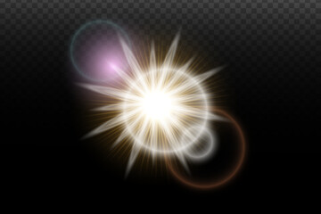 Obraz premium Light flash effect with flares and glow on a transparent background. Magical glow, shining light, star, optical flares for design, photomontage, New Year, and festive projects.