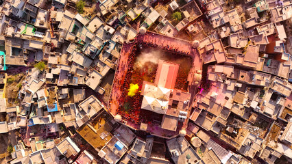 drone shot of brij holi view in temple , uttar pradesh