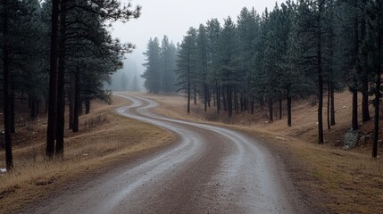 A winding forest road leads into misty depths, flanked by tall evergreens, creating a mysterious and inviting pathway into nature’s heart.
