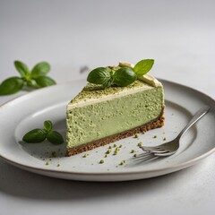 "A piece of matcha cheesecake on a plate with a basil leaf on top, set against a pure white background. The cheesecake has a rich green color, a smooth texture, and a slightly golden crust at the bott