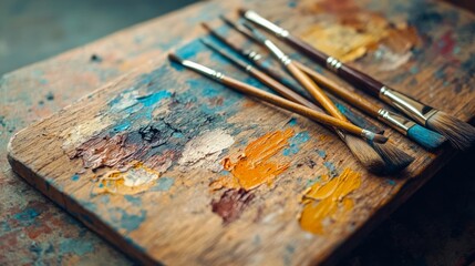 Fototapeta premium A painter's palette adorned with colorful swatches and brushes laid across, evoking creativity and the artist's world.