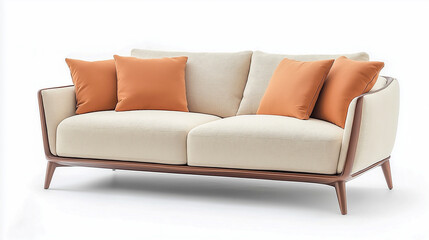 Fototapeta premium Modern beige couch with orange accent pillows and wooden legs, showcasing contemporary design and comfort in a minimalist setting