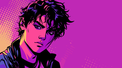 Stylish cartoon character with tousled hair and a serious expression on a vibrant purple background