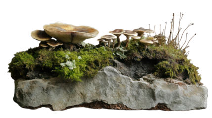 Mushrooms and green moss on a stone --ar 16:9