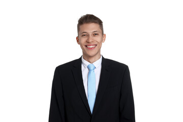 Handsome young man in suit on white background