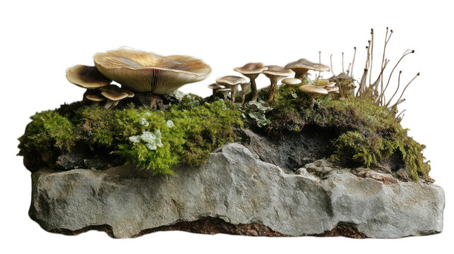 Mushrooms and green moss on a stone --ar 16:9
