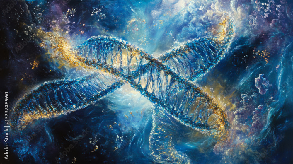 Poster visual representation of dna structure in a cosmic setting with vibrant colors and swirling patterns