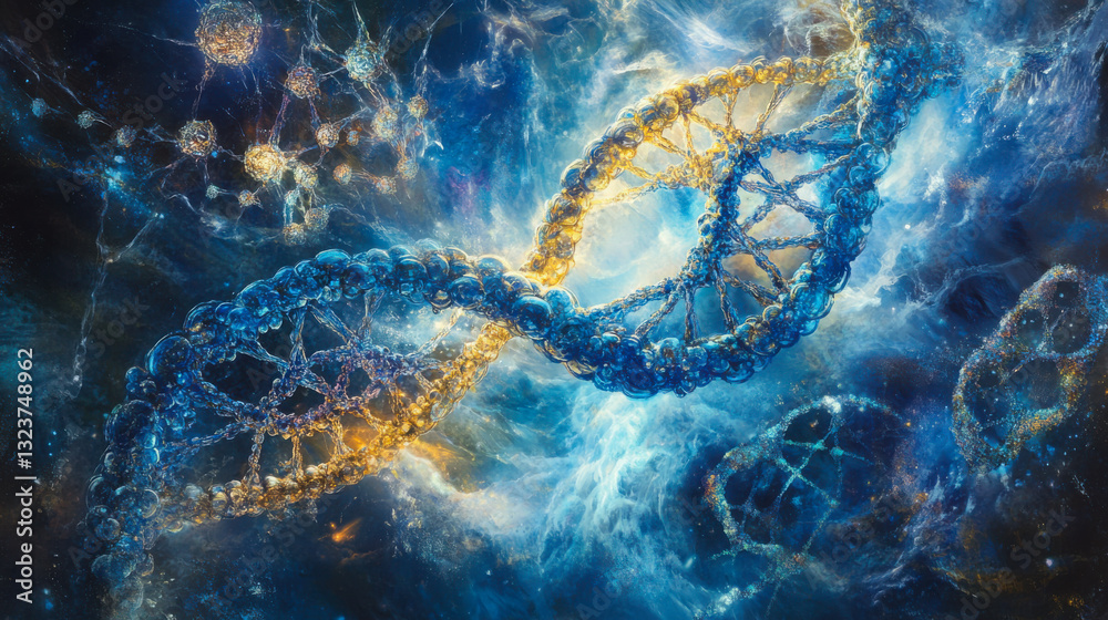 Poster visual representation of dna structure in a cosmic setting with vibrant colors and swirling patterns