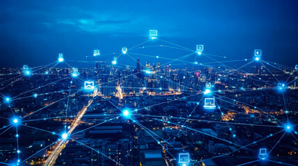City skyline illuminated at night with digital connectivity and technology network visualization