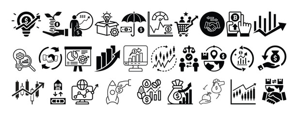 Stock Market, Trading, Graph, Candlestick Charts, Business and Investment icon set collection vector  design.