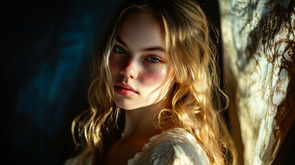 Fototapeta premium Young woman with long blonde hair poses softly in dim light, showcasing a serene expression and natural beauty
