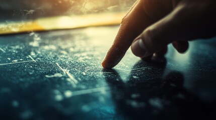 A finger traces enigmatic patterns on a dusty, dimly lit surface, suggesting curiosity and the quest for discovery.