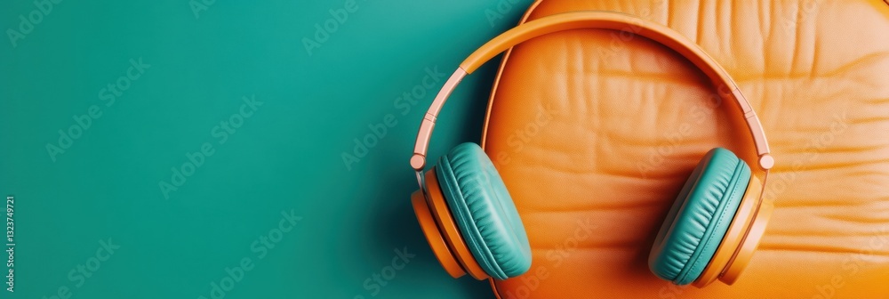 Poster minimalist digital audio experience vibrant ergonomic wireless headphones on retro color-block backg
