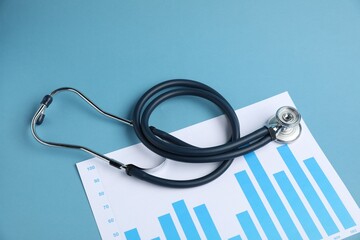 Stethoscope and chart on light background, above view