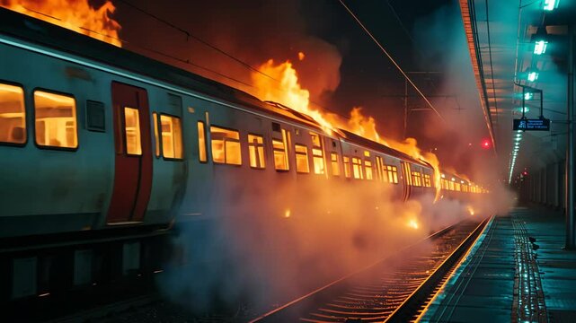 Blazing train carriage on railway tracks