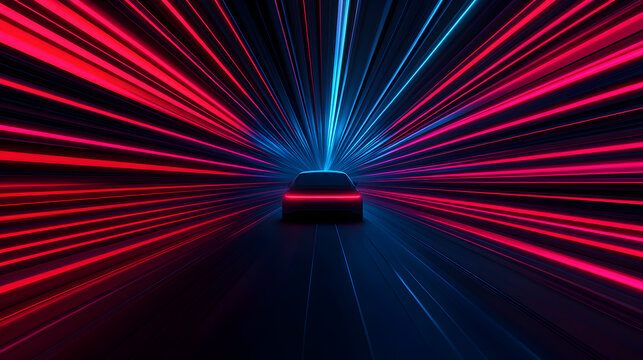Rear view motion dynamic light trails from a car in a neon futuristic cityscape - Powered by Adobe