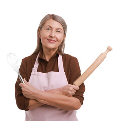 Woman with rolling pin and whisk on white background