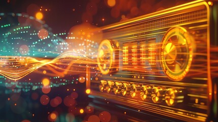 A vintage radio with glowing orange lines and dots, suggesting sound waves.