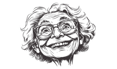 Obraz premium Elderly woman smiling and wearing glasses, joyful expression, linear icons set.