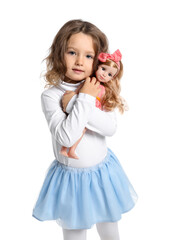 Cute little girl with doll on white background