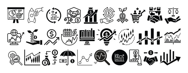 Stock Market, Trading, Graph, Candlestick Charts, Finance and Investment icon set collection vector  design.